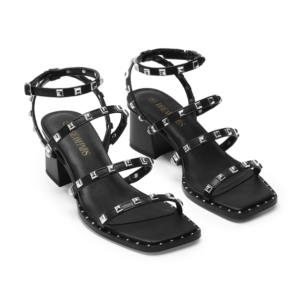 Clear Rhinestone Strappy Chunky Heels - BLACK PU RIVET - 3